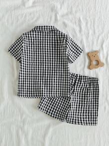 Vintaside Kids Baby Boy Holiday Outfits Christmas Casual Outfits Summer Two-Color Black And White Checkered Short-Sleeved Shirt Shorts Two Suits, Lapel Design Adds A Sense Of Formality
