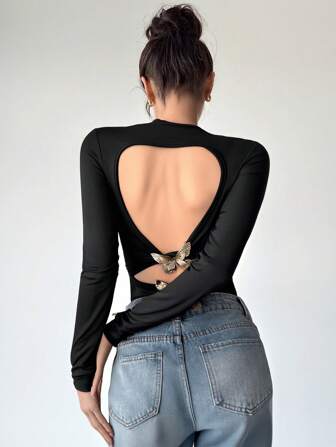 SHEIN Privé 女士优雅、浪漫、时尚通勤、性感、优雅风格长袖露背紧身连衣裙，适合派对、度假、返校、浪漫约会、婚礼、生日