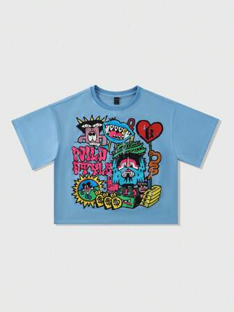 Street Life Camiseta gráfica corta oversize para hombre con estampados de grafiti, estilo urbano