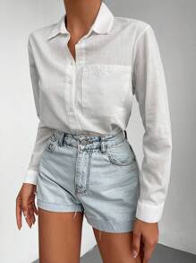 EURMUSE 100%Cotton Solid Button Front Pocket Patched Shirt - White - View 3