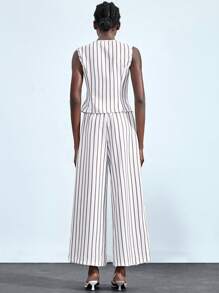 Lumivelle Conjunto de chaleco sin mangas a rayas y pantalones de pierna ancha con estilo - Beis - Ver 2