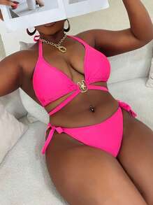 SHEIN X Sofía Suescun Swim SXY Plus Size Women 2 Pieces Solid Color Halter Tie-Strap Starfish Decor Bikini Set, Sexy Vacation Summer Beach Swimwear