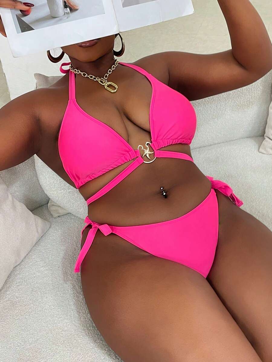 SHEIN X Sofía Suescun Swim SXY Plus Size Women 2 Pieces Solid Color Halter Tie-Strap Starfish Decor Bikini Set, Sexy Vacation Summer Beach Swimwear