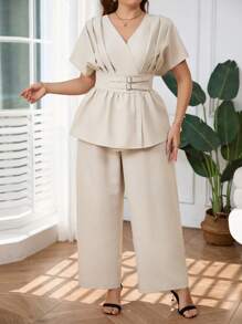 Firerie Plus Size Spring/Summer Comfortable Casual Elegant Daily Office Versatile Bamboo Knit V-Neck Top And Straight Leg Wide Pants 2 Pieces Set For Women