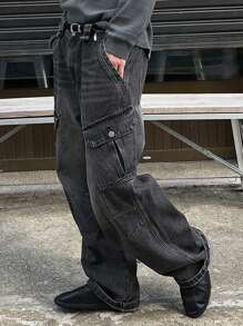 DAZY Men's Distressed Wide-Leg Cargo Jeans - Black - View 7