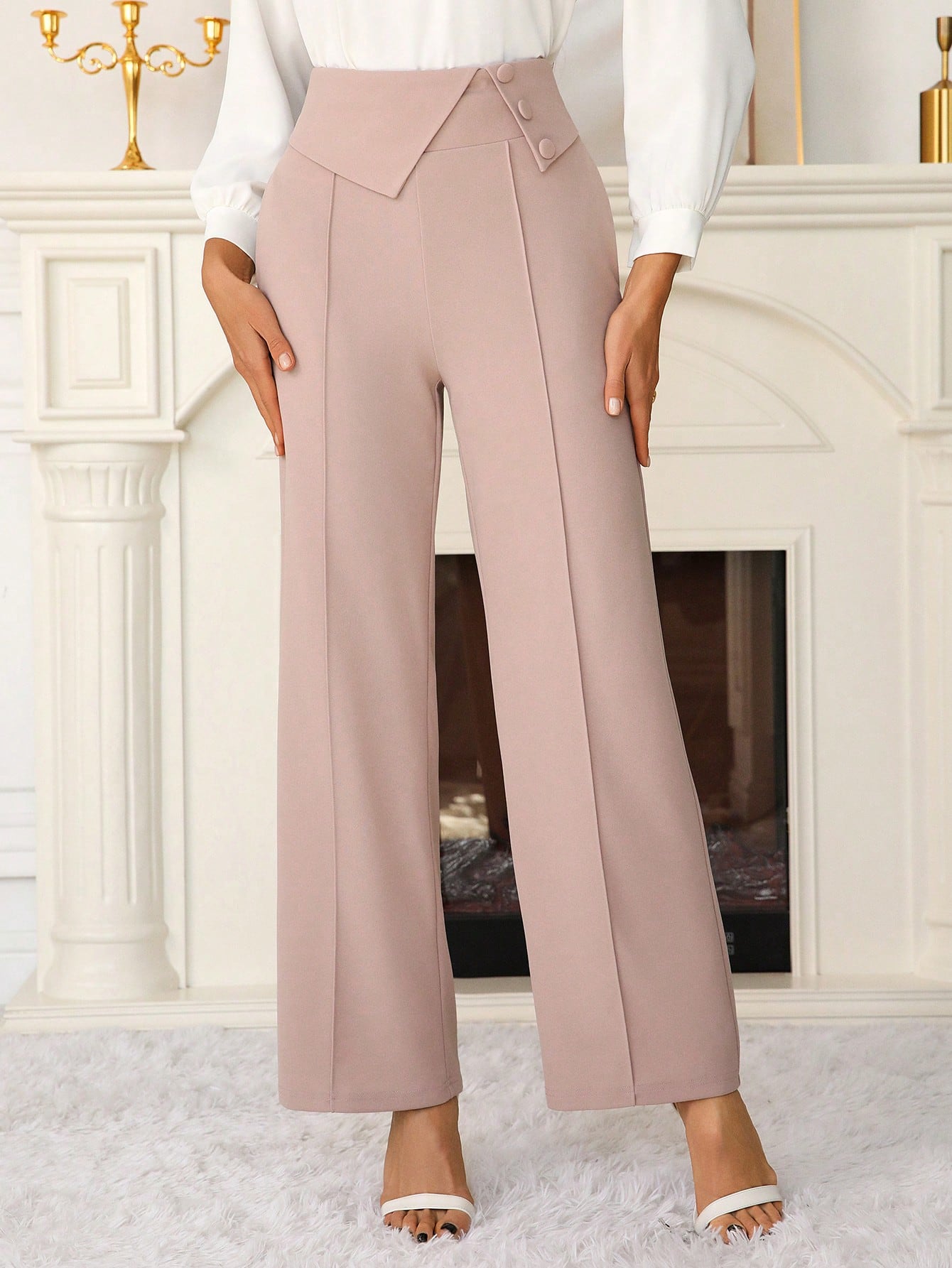 Modelyn بنطلون نسائي ذو لون واحد، ذو خصر عالي، مصم...