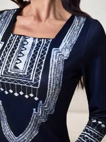 Modelyn Women's Long Retro Print Split Hem Dress - Navy Blue - View 4