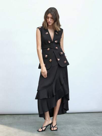 Maija 优雅女士春季花卉金属3D装饰深V领无袖背心外套，适合复活节、音乐节、派对等场合。