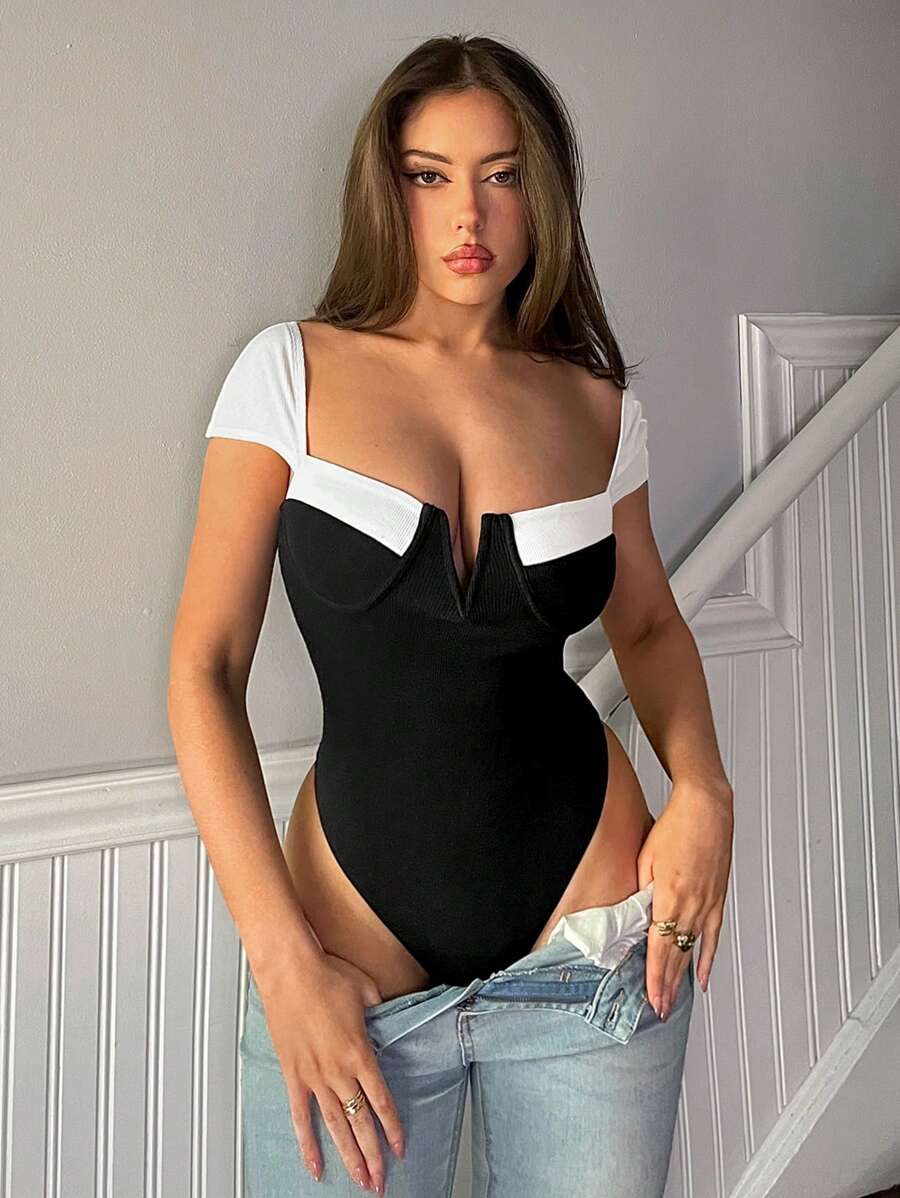 Firerie Women's Elegant Contrast Black And White Color Asymmetric Deep V-Neck Sleeveless Bodysuit , Full Coverage Bikini For Vacation,Beach,Summer/Spring