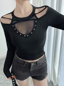 INAWLY Áo thun tay dài hở lưới mắt cá khoét sâu Punk mới cho nữ mùa xuân/hè, áo crop top ngắn bó sát có thiết kế - màu đen - Xem 5