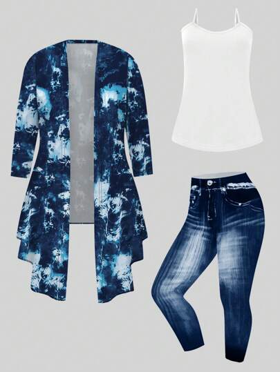SHEIN Plus Tie Dye Open Front Coat & Cami Top & Jeans Fall Cloth For Women
