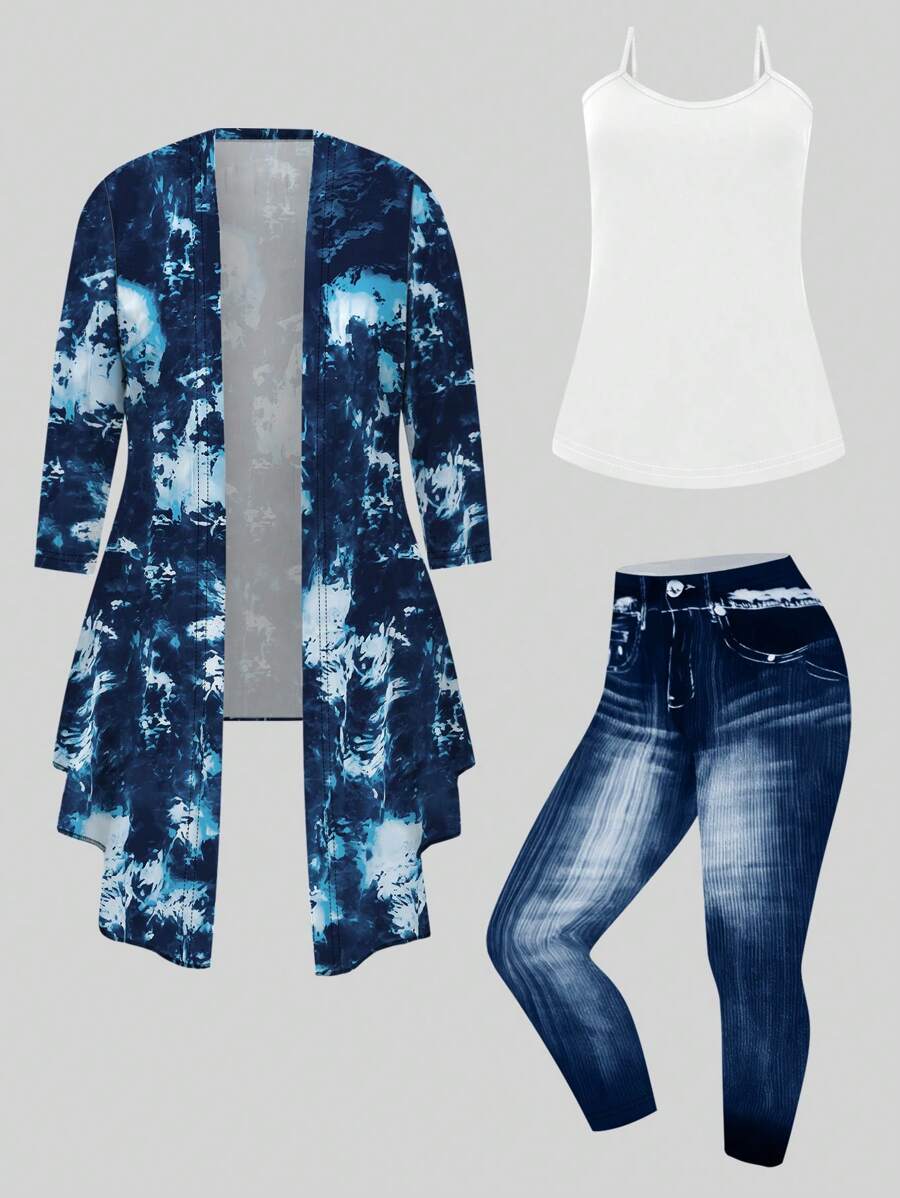SHEIN Plus Tie Dye Open Front Coat & Cami Top & Jeans Fall Cloth For Women - Multicolor - View 1