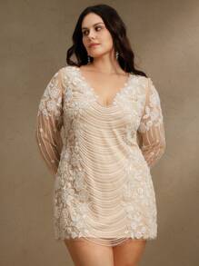 Anewsta Đầm dự tiệc tay dài đính sequin gợi cảm cỡ lớn cho nữ, trang phục xuân/hè - Màu be - Xem 6