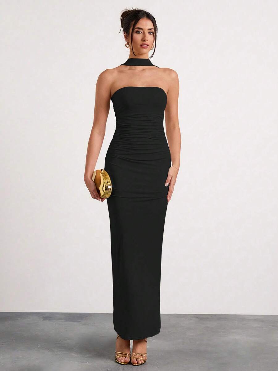 Glamine 米色露肩褶饰挂脖长裙、节日派对狂欢裙、约会夜服装、女士生日服装、情人节连衣裙 - 黑色 - 查看 1