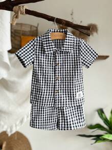 Vintaside Kids Baby Boy Holiday Outfits Christmas Casual Outfits Summer Two-Color Black And White Checkered Short-Sleeved Shirt Shorts Two Suits, Lapel Design Adds A Sense Of Formality