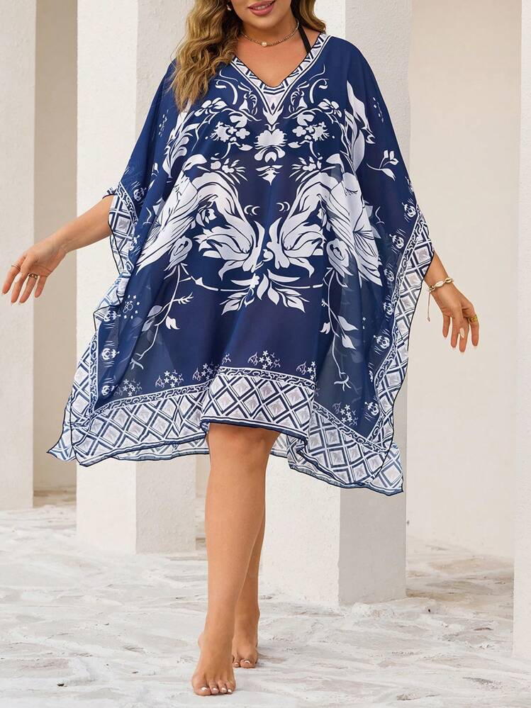 Swim Lushoire Plus Size Women V-Neck Loose Placement Print Chiffon Summer Beach Vacation Cover Up - Blue - View 1