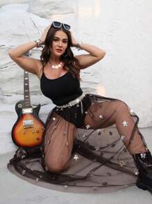 INAWLY Solva Plus Size Fashionable Sexy Sequin Mesh See-Through Skirt