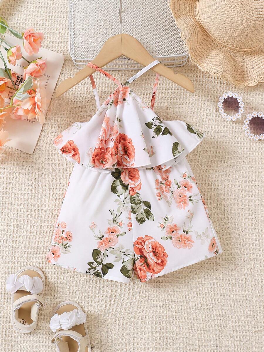 SHEIN 女婴夏季假日休闲花卉荷叶边挂脖连体衣，轻盈 - 彩色 - 查看 1