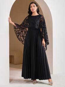 Veilorie Women's Solid Color Lace Patchwork Casual Mid-Length Dress - Black - View 6