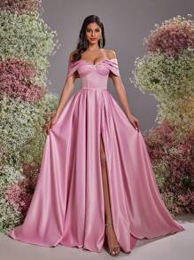 Glamrae Elegant Luxurious Off Shoulder Ruffle-Bust Boned A-Line High Slit Dress Wedding Guest Dress, Suitable For Weddings, Parties, Vacations, Balls, Formal Events, Party Dress, Evening Dress, Gown - Pink - View 5