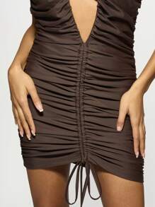 MISSGUIDED Deep Plunge Halter Neck Ruched Mini Club Party Dress Bodycon Evening Dance Formal Night Out Dress Y2K Fashion - Coffee Brown - View 8