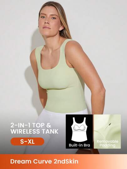 LUVLETTE Camiseta deportiva sin costuras inalámbrica 2 en 1 con sujetador incorporado de la colección "Dream Curve 2ndSkin" en color verde, ideal para hacer ejercicio y usar como prenda exterior. Talla única, cómoda y adecuada también para adolescentes, jóvenes y niñas, sin necesidad de sujetador.