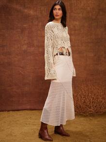 WESTFADE Round Neck Open Knit Long Sleeve Tassel Fringe Hem Sweater, Cute Western Wear For Women, Fall, Back To School, Autumn, Winter, Boho, Casual - Beige - View 2