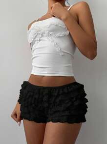 Aloruh Women's Music Festival Stylish Contrast Color Lace Trim Netted Multilayer Ruffle Hem Super Short Shorts, Spring/Summer - Black - View 7