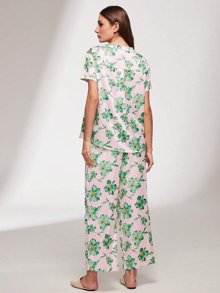 Satin Patterned Button-Up Top & Pants PJ Set