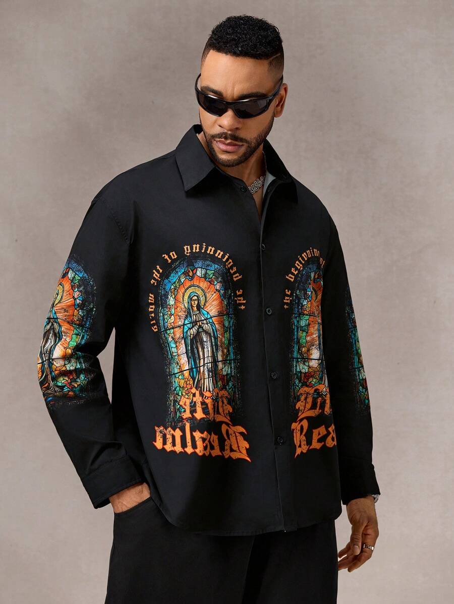 Mainfolk Plus Size Men Street Fashion Loose Woven Long Sleeve Shirt - Multicolor - View 1