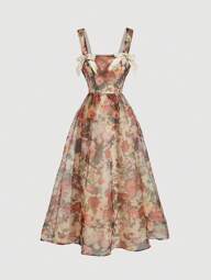 SHEIN MOD Women's Apricot Floral Print Bowknot Vintage Long Dress,Apricot Homecoming Dress, Women Dress,Elegant Women Dresses,Homecoming Dresses, Dress,Summer Dresses For Women