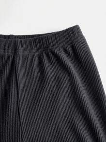 SHEIN Conjunto de pijama de camiseta de cuello redondo de punto de unicolor y leggings para niños - Gris - Ver 8