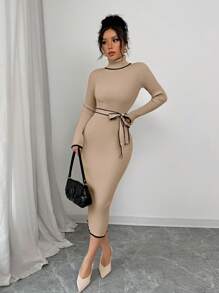Elenzga Women Elegant High Neck Fitted Ribbed Texture Bowknot Pullover Sweater Dress - Khaki - View 3