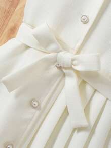 SHEIN Tween Girl Beige Bubble Short Sleeve Elegant School Style Single-Breasted Dress, Summer - Beige - View 3