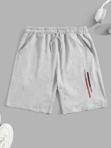 RueChic Men Cottonline Letter Printed Drawstring Regular Short - Grey - View 2