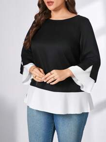 SHEIN Essnce Plus Size Women's Spring And Summer Fashion Casual Loose And Comfortable Daily Black 2 In 1 Three-Quarter Sleeve Shirt, Elegant Slim Top, Spring Outfits, Teacher Clothes, Church Clothes Women, Women Blouse