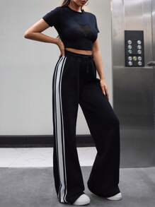 EURMUSE Casual Striped Elastic Waist Straight Leg Pants - Black and White - View 1