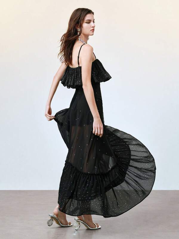 Arave Vestido casual de mujer de gasa con tirantes tipo espagueti, detalles de rhinestones y bajo con volantes