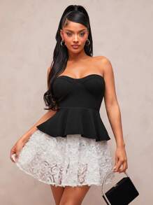 SHEIN SXY 2pcs Black & White Splice Sexy Elegant Cute Ballet Style Set: Tube Top With Ruffle Trim + Layered Princess Skirt, Romantic For Dates, Parties, Birthdays, Graduations, Bridesmaids, Cocktail, Spring/Summer - Black and White - View 2