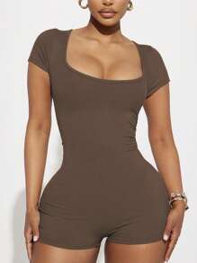 SHEIN EZwear She021 Spring/Summer New Solid Color Slimming Low Neck Short Sleeve Stylish Ladies Jumpsuit - Brown - View 1