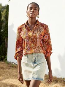 Aveloria Modichic Blusa de mujer de estilo bohemio nómada con estampado, cuello vuelto y manga larga
