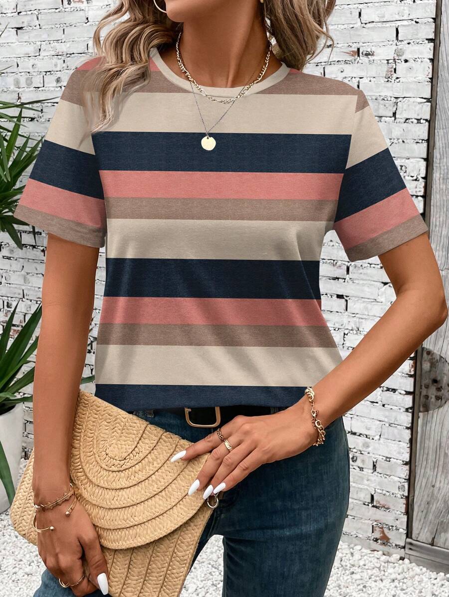 SHEIN LUNE Striped Print Short Sleeve Tee Suitable For Going Out,Casual - White - View 1