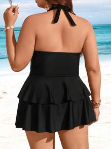 Swim Lushoire Vestido de baño y Bottom con volantes de varios niveles en unicolor, estilo halter fruncido, para tallas grandes, para vacaciones de verano en la playa