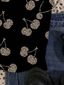 SHEIN EZwear Damskie swobodne, grunge'owe, retro, wzór w panterkę i wiśnie, seksowne rajstopy z szelkami, śliczny top z ramiączkami, odpowiedni na lato