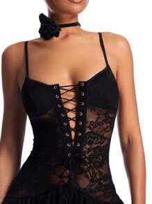 SHEIN BAE Vestido Trasero Con Tirantes De Espagueti Y Encaje Con Lazo, Glamoroso Y Sin Espalda - Negro - Ver 8