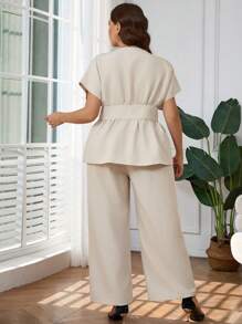 Firerie Plus Size Spring/Summer Comfortable Casual Elegant Daily Office Versatile Bamboo Knit V-Neck Top And Straight Leg Wide Pants 2 Pieces Set For Women