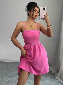 Elenzga Women's Solid Color Spaghetti Strap Simple Short Dress, Casual Vacation - Hot Pink - View 6