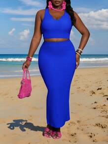 Slaydiva 2025 New Arrival Simple & Sexy Solid Color Cropped Tank Top & Fitted Maxi Skirt Matching Set, Casual All-Match Resort Wear Suitable For Spring/Summer, Size M - Blue - View 3