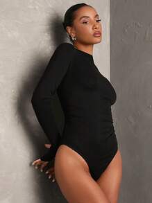 SHEIN BAE Women's Black Solid Color Comfortable Knitted Long Sleeve Minimalist Ruched Slim Fit Bodysuit, Casual & Versatile Daily Wear - Black - View 7