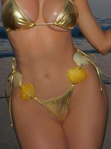 Swim SXY Women New Solid Color Shell Accent Tie Waist Bikini Bottom, Festival Boho, Summer Beach Vacation - Gold - View 4